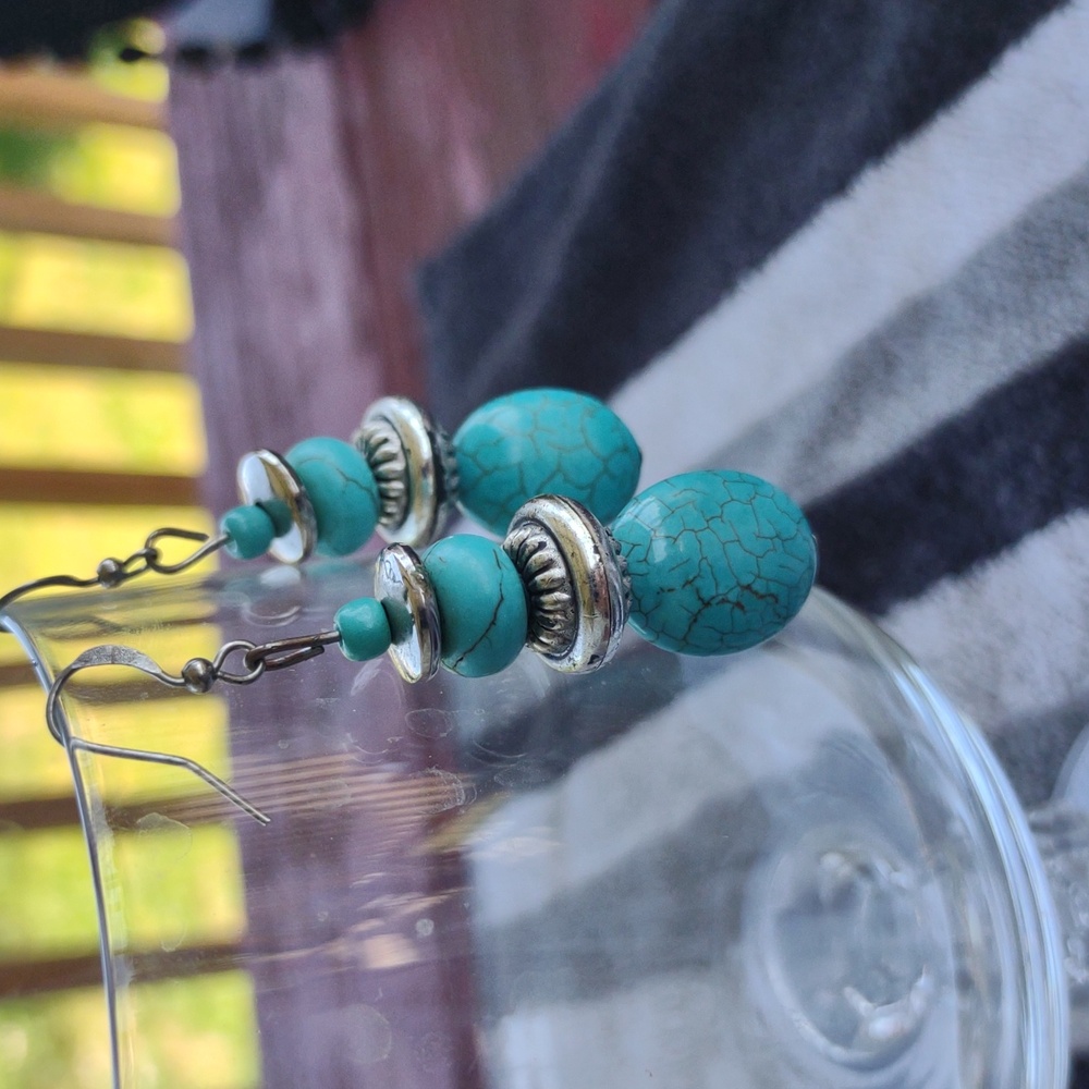 Turquoise Colored (Possible Howlite) Beaded Dangle Post Earrings - Picture 2 of 3